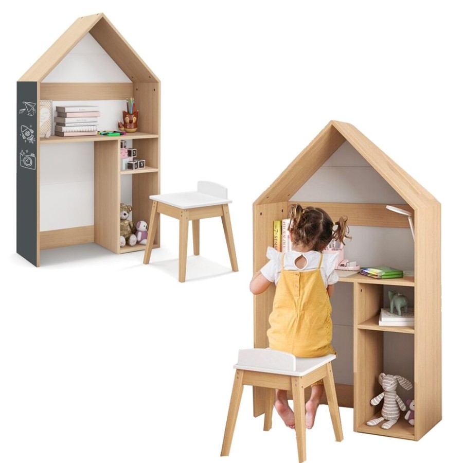 Toddler Furniture & Accessories littlehelper | Montessori 3-In-1 Kids Desk And Stool | House Shaped Bookcase And Toy Storage | Blackboard