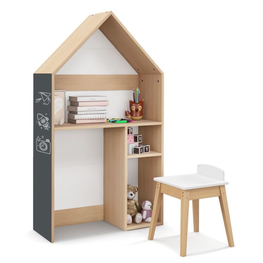 Toddler Furniture & Accessories littlehelper | Montessori 3-In-1 Kids Desk And Stool | House Shaped Bookcase And Toy Storage | Blackboard