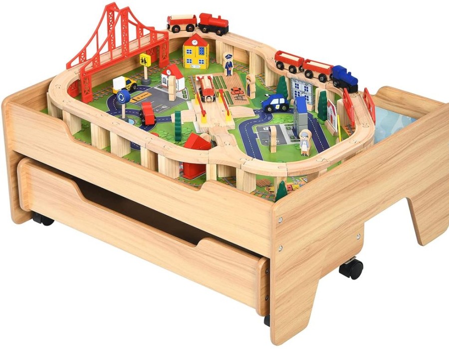 Toddler Furniture & Accessories littlehelper | Deluxe Beech Wood Montessori Wooden Train Set | 2-In-1 Wooden Train Table | 100Pc Train Set