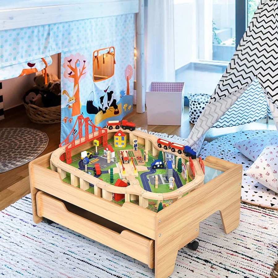 Toddler Furniture & Accessories littlehelper | Deluxe Beech Wood Montessori Wooden Train Set | 2-In-1 Wooden Train Table | 100Pc Train Set