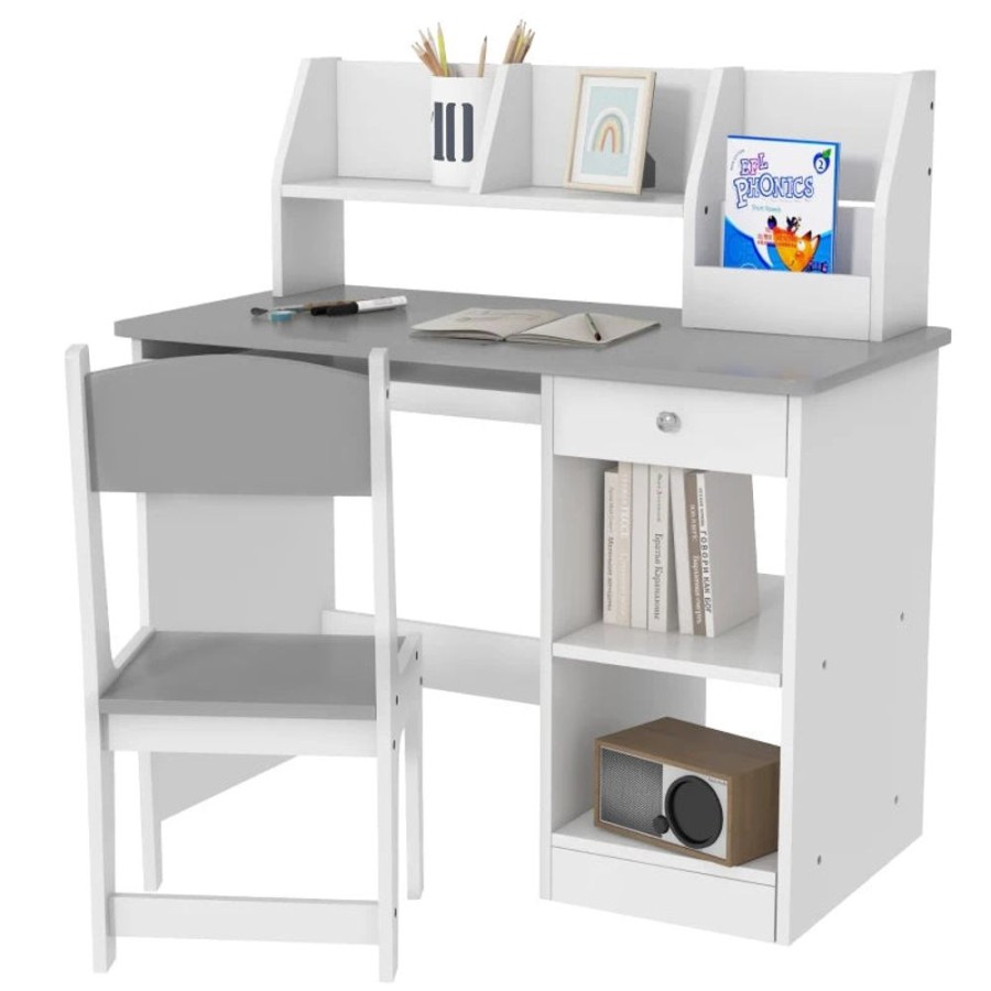 Toddler Furniture & Accessories littlehelper | Montessori Homework Desk | Keyboard Drawer | Storage & Chair | White & Grey | 5-10 Years