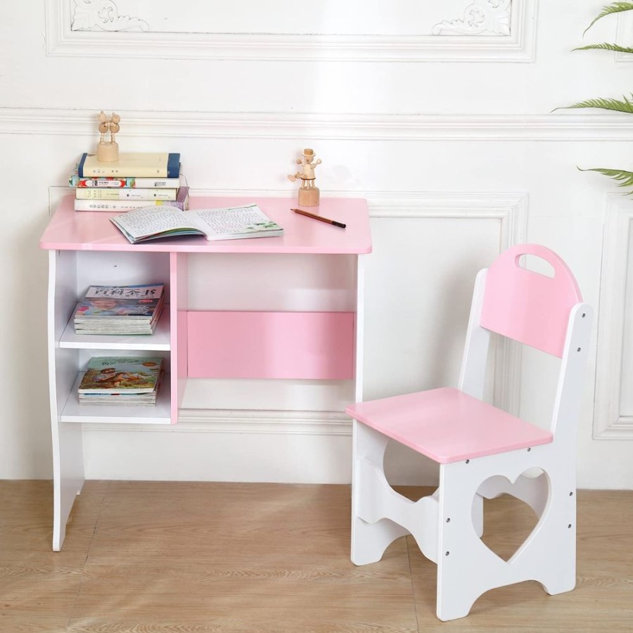 Toddler Furniture & Accessories littlehelper | Montessori Sweetheart Children'S Homework Desk | Bookshelf | Storage & Stool | Pink & White | 3-10 Years