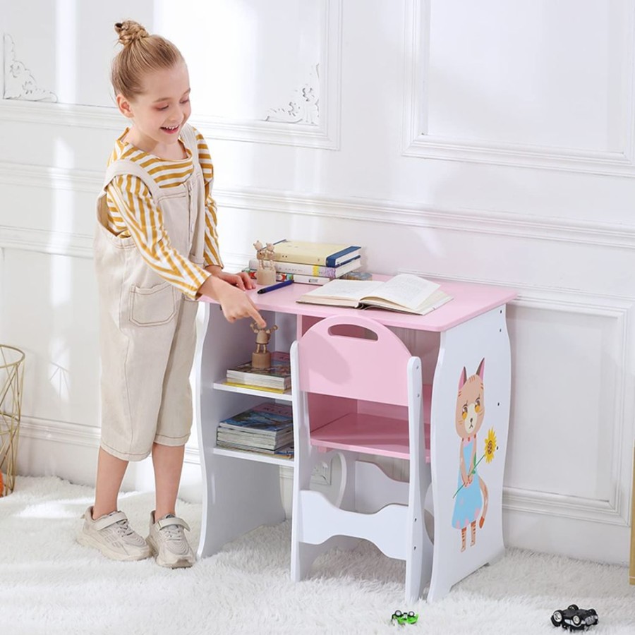 Toddler Furniture & Accessories littlehelper | Montessori Sweetheart Children'S Homework Desk | Bookshelf | Storage & Stool | Pink & White | 3-10 Years