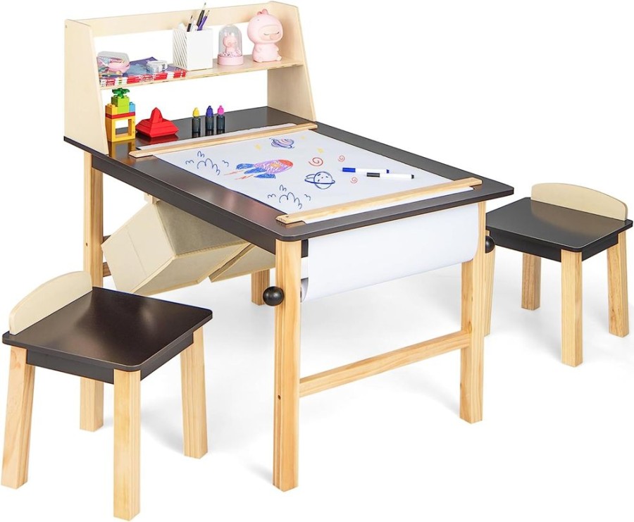 Playtime littlehelper | Kids Wooden Activity Table And 2 Chairs Set | Art Table For Kids | 2 Storage Bins With Paper Roll