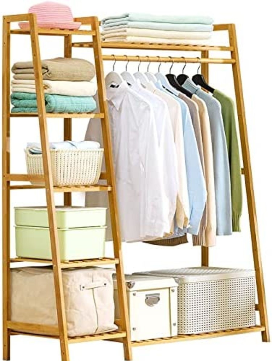 Playtime littlehelper Role Play Toys | Bamboo Wood Minimalistic Clothes Rail | Freestanding Clothes Rack With 7 Shelves | Natural | 1.1M High