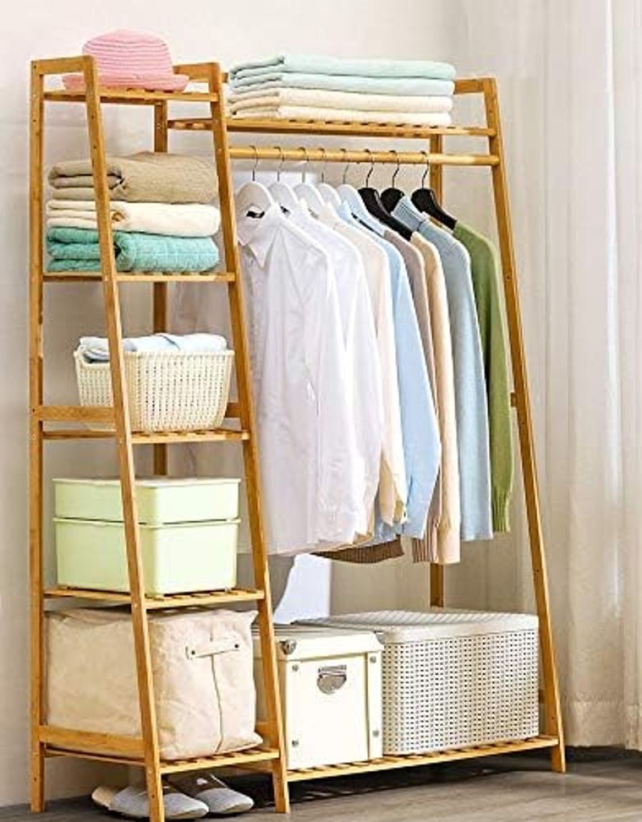 Playtime littlehelper Role Play Toys | Bamboo Wood Minimalistic Clothes Rail | Freestanding Clothes Rack With 7 Shelves | Natural | 1.1M High