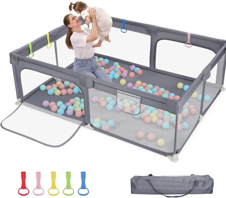 Baby & Nursery littlehelper Travel Cots & Playpens | Large Baby Playpen And Ball Pool With Carry Bag & Pull-Up Rings| Mesh Fabric | 2. X 1.5M | Grey