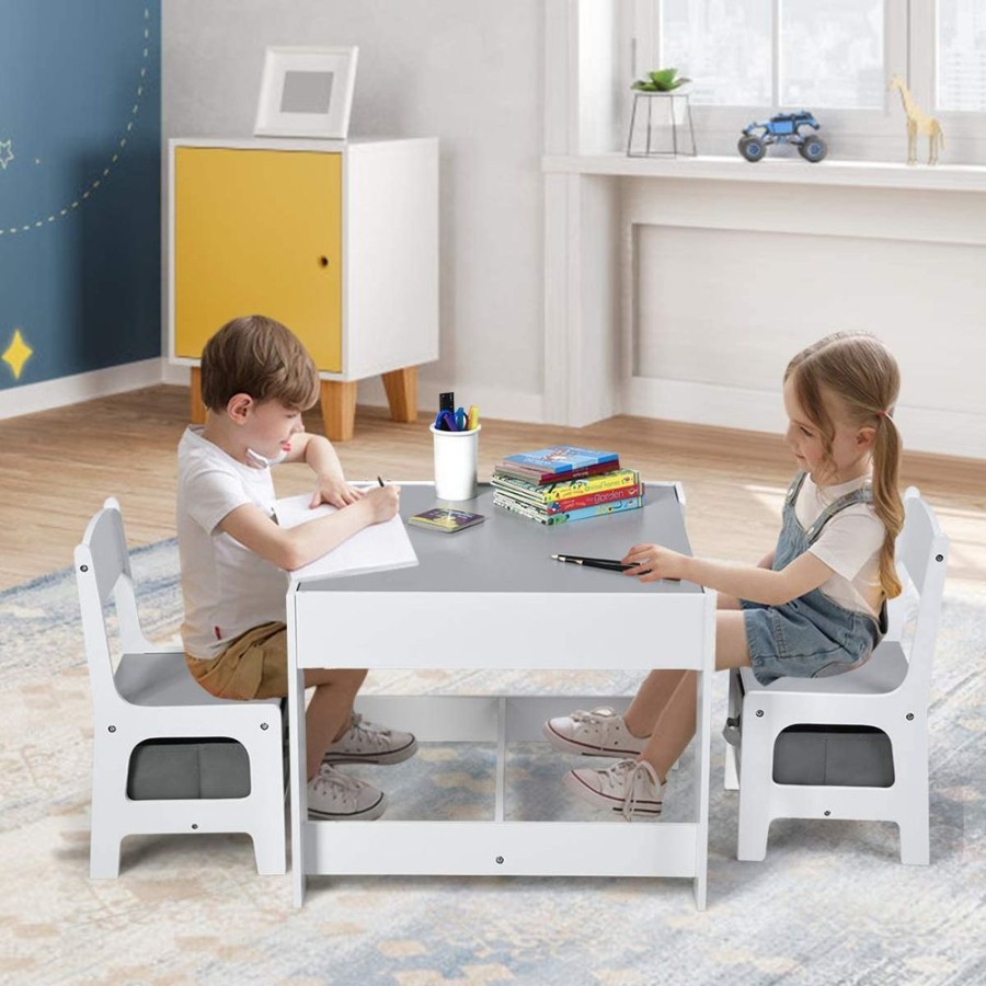 Playtime littlehelper Montessori Toys & Products | Montessori 3-In-1 Table & Chairs | Reversible Top | Blackboard | Whiteboard Grey Storage Drawers