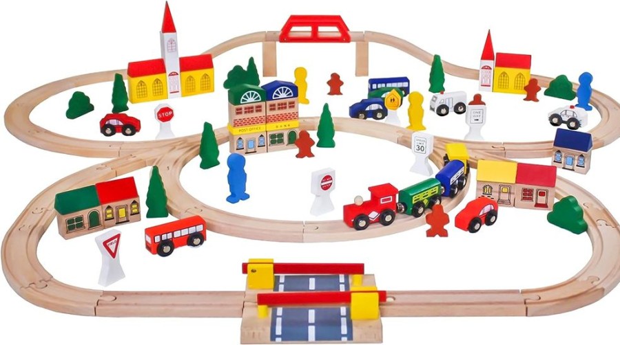 Playtime littlehelper Role Play Toys | 100 Piece Large Wooden Train Set | Design Your Own Tracks | 3 Year+