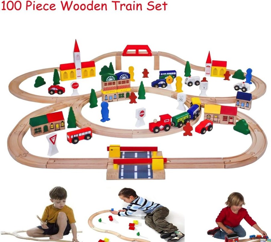 Playtime littlehelper Role Play Toys | 100 Piece Large Wooden Train Set | Design Your Own Tracks | 3 Year+