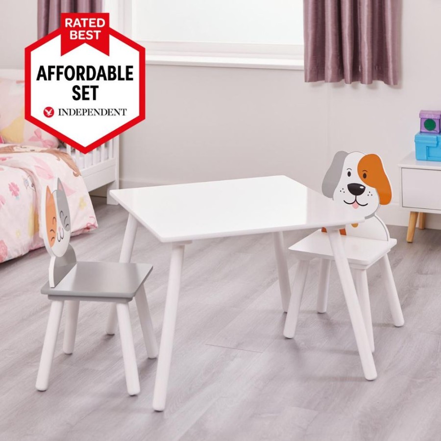 Toddler Furniture & Accessories littlehelper | Kids | Children'S Wooden Table And Chair Set For 2 | White | Cat & Dog Design