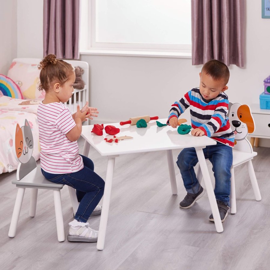 Toddler Furniture & Accessories littlehelper | Kids | Children'S Wooden Table And Chair Set For 2 | White | Cat & Dog Design