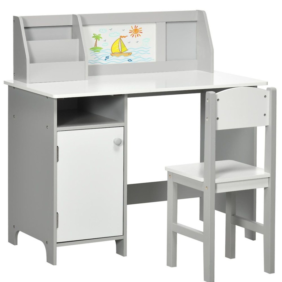 Toddler Furniture & Accessories littlehelper | Montessori Homework Desk | Whiteboard | Storage & Chair | White & Grey | 5-8 Years