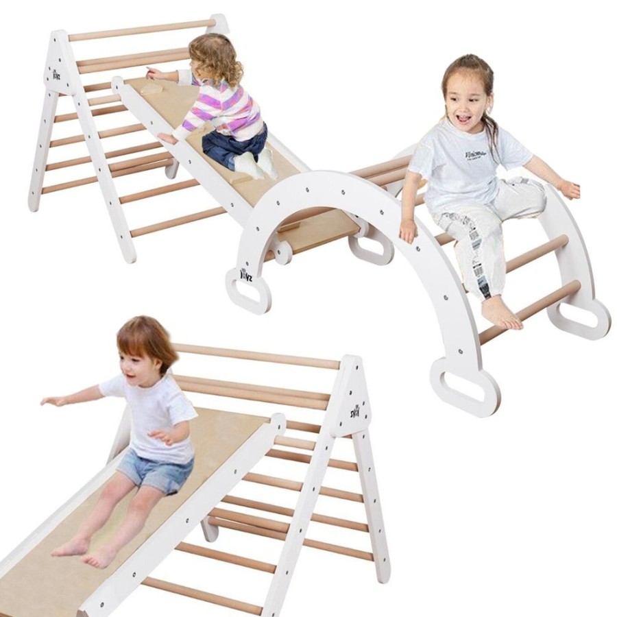 Playtime littlehelper Montessori Toys & Products | 6-In-1 Children'S Eco Wood Climbing Frame | Montessori Pikler Set | Arch | Rocker | Slide | Climbing Triangle | Den | White/Natural