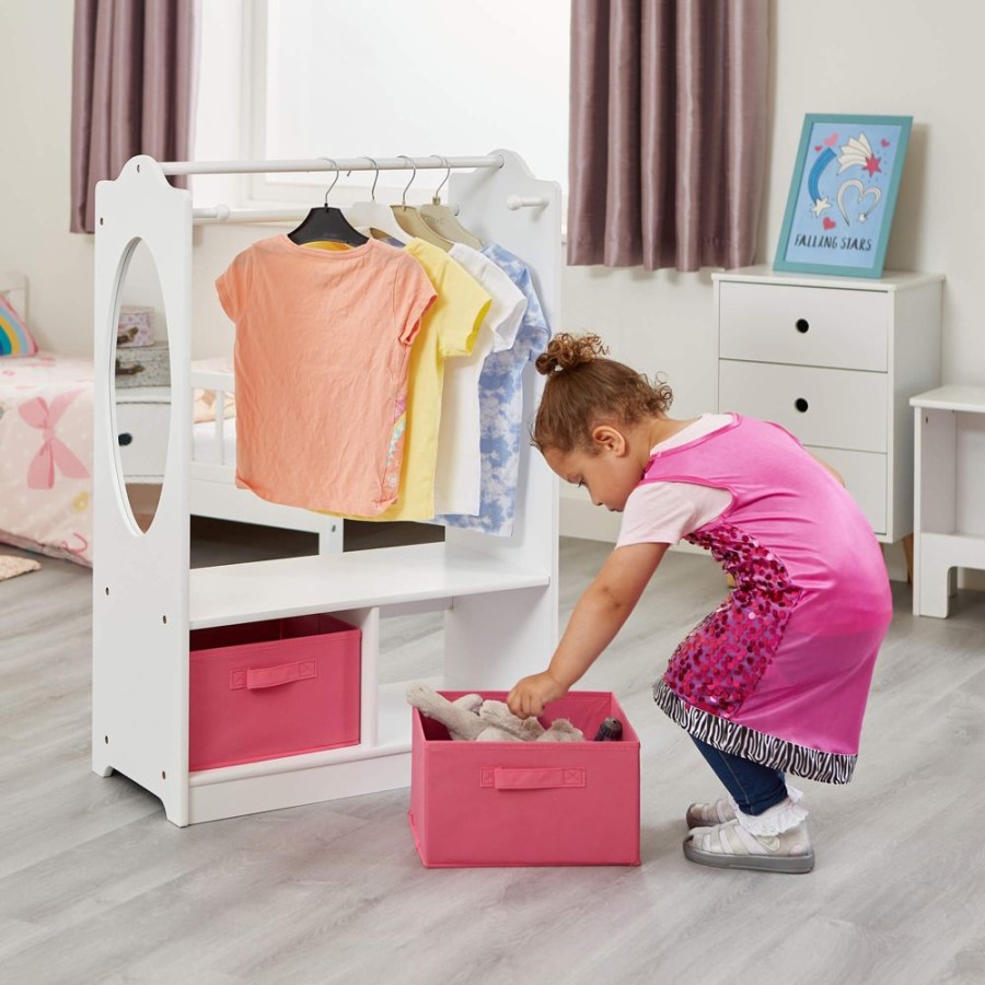 Playtime littlehelper Role Play Toys | Modern Montessori Wooden Children'S Clothes Rail With Storage & Mirror | 90Cm High | White & Pink