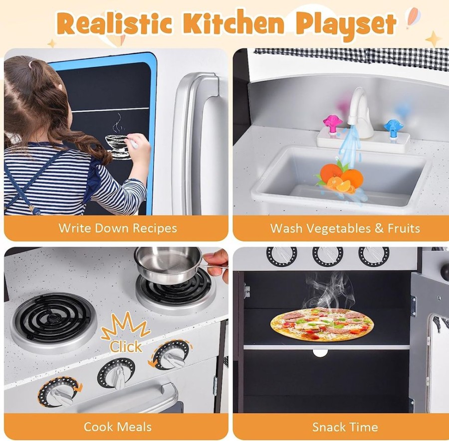 Playtime littlehelper Role Play Toys | Luxury Montessori Inspired Toy Kitchen | Blackboard | Microwave | Realistic Sounds & Accessories