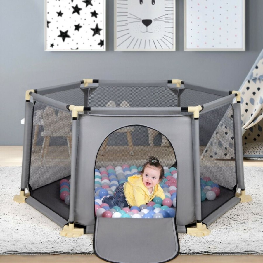 Baby & Nursery littlehelper Travel Cots & Playpens | Large Hexganol Baby Playpen & Ball Pool With Mattress | Grey | 6 - 36M