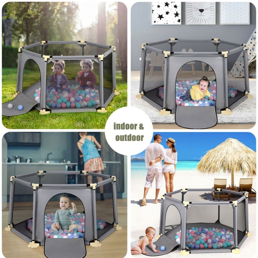 Baby & Nursery littlehelper Travel Cots & Playpens | Large Hexganol Baby Playpen & Ball Pool With Mattress | Grey | 6 - 36M