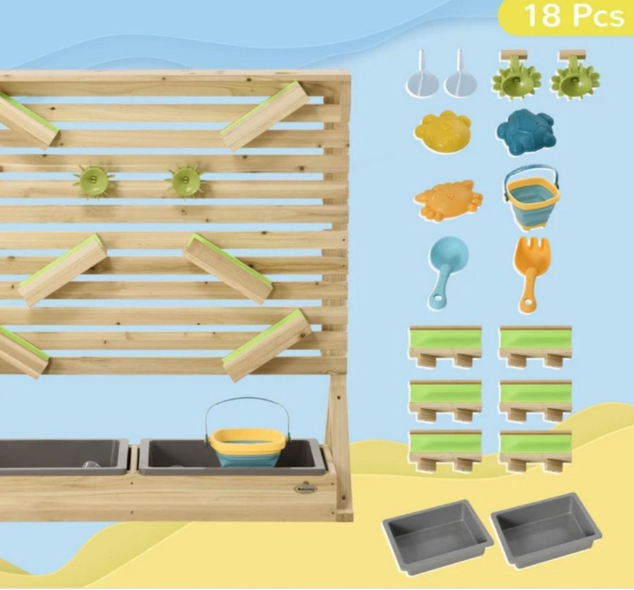 Playtime littlehelper Toy Kitchens | Montessori Eco Natural Fir Wood Water Wall | Sand And Water Play With 18 Accessories | 3 Years+