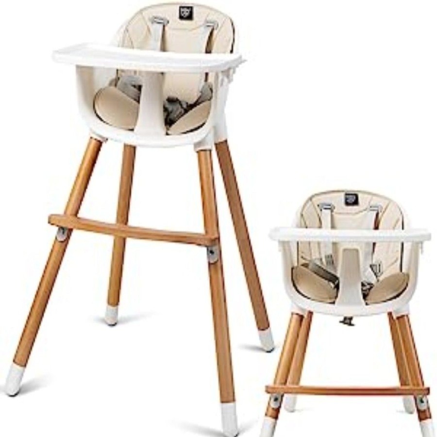 Mealtime littlehelper | 3-In-1 Adjustable Height Beech Wooden High Chair & Tray | Low Chair | Beige Cushion