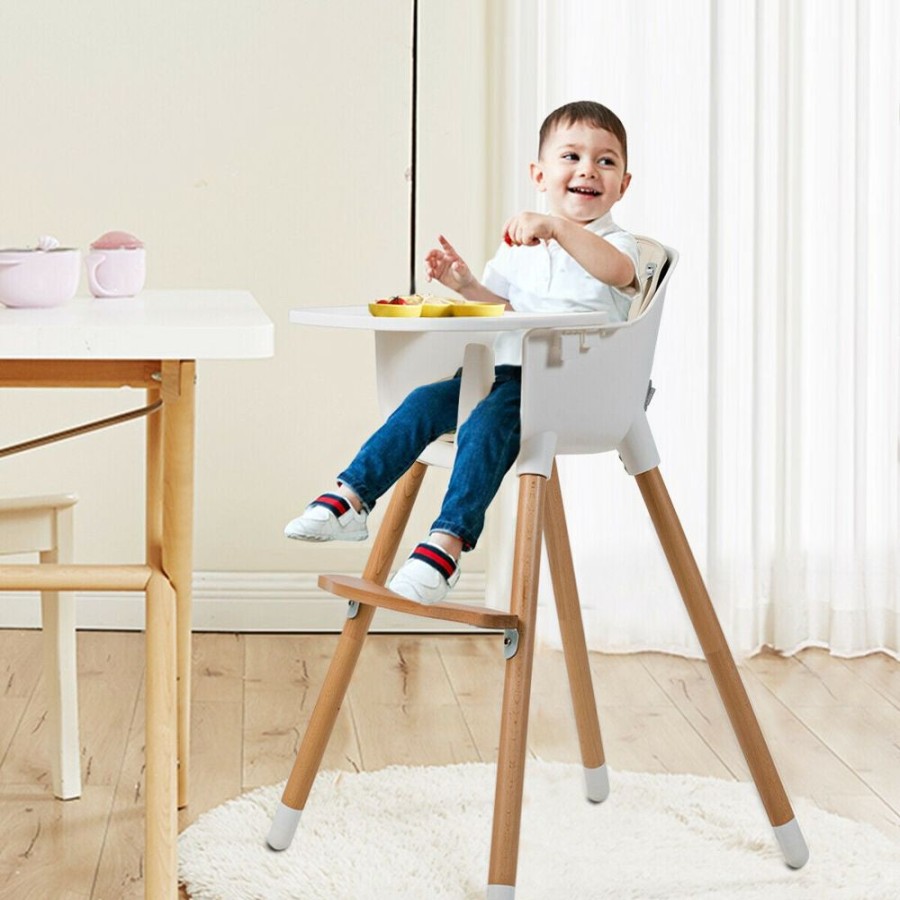 Mealtime littlehelper | 3-In-1 Adjustable Height Beech Wooden High Chair & Tray | Low Chair | Beige Cushion