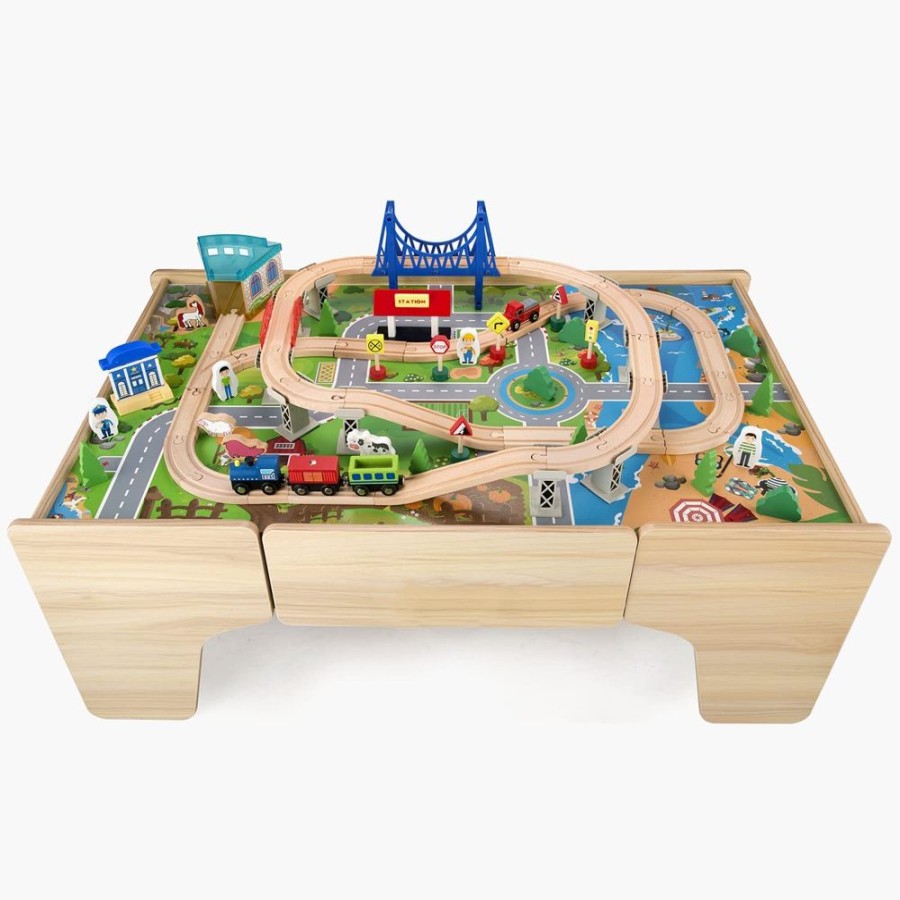 Toddler Furniture & Accessories littlehelper | Deluxe Large Montessori Wooden Train Set | 2-In-1 Wooden Train Table | 80Pc Train Set