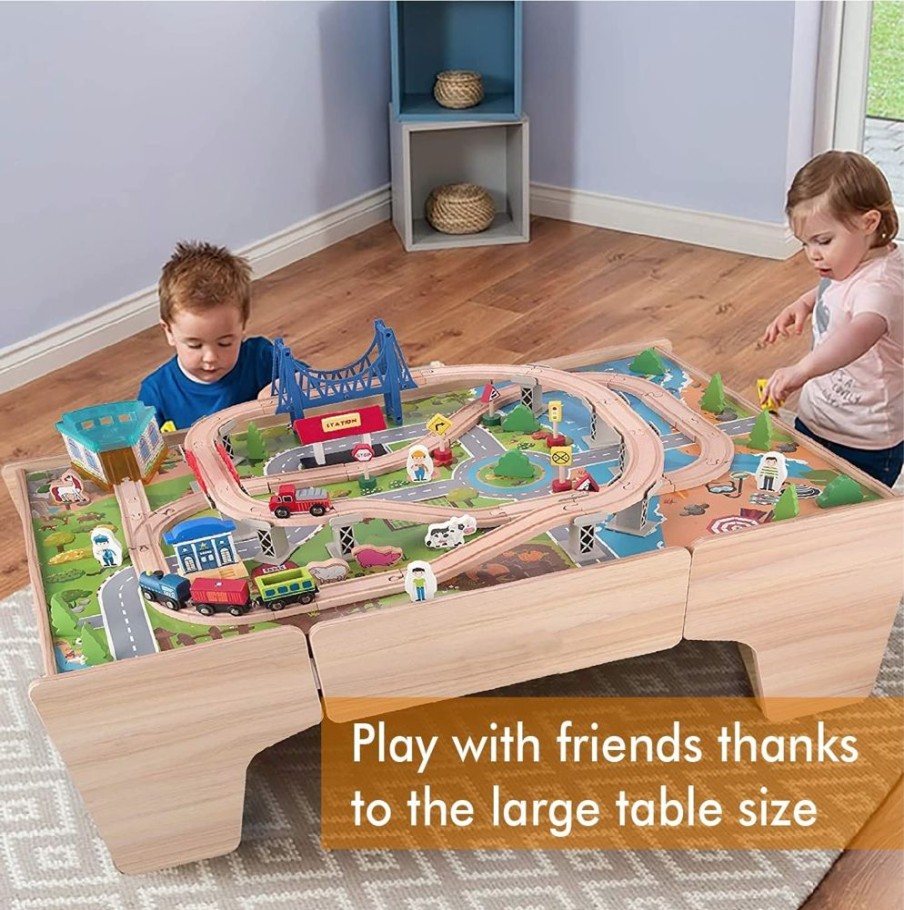 Toddler Furniture & Accessories littlehelper | Deluxe Large Montessori Wooden Train Set | 2-In-1 Wooden Train Table | 80Pc Train Set