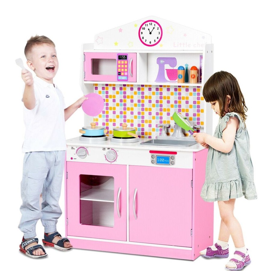 Playtime littlehelper Wooden Toys | Children'S | Kids Wooden Toy Kitchen Including Playset | Pink & White | 3-7 Years