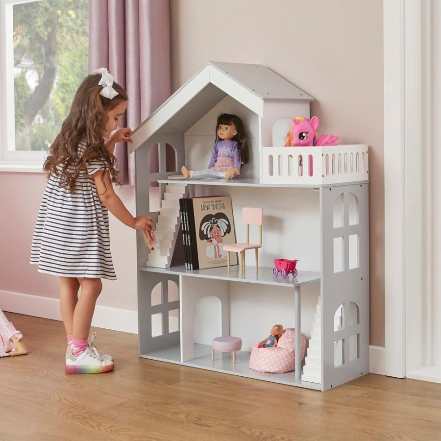 Playtime littlehelper Montessori Toys & Products | Large Wooden Montessori Bookcase Dollhouse | Bookshelf | Toy Storage | White & Grey