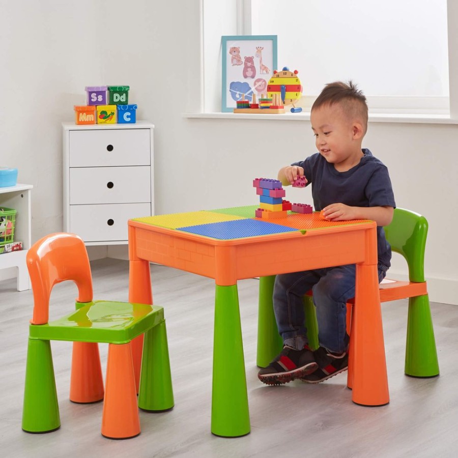 Playtime littlehelper Sand & Water Table | Kid'S Indoor | Outdoor Multipurpose Plastic Table & 2 Chairs Set | Lego Board | Sand & Water Pit | Orange & Green