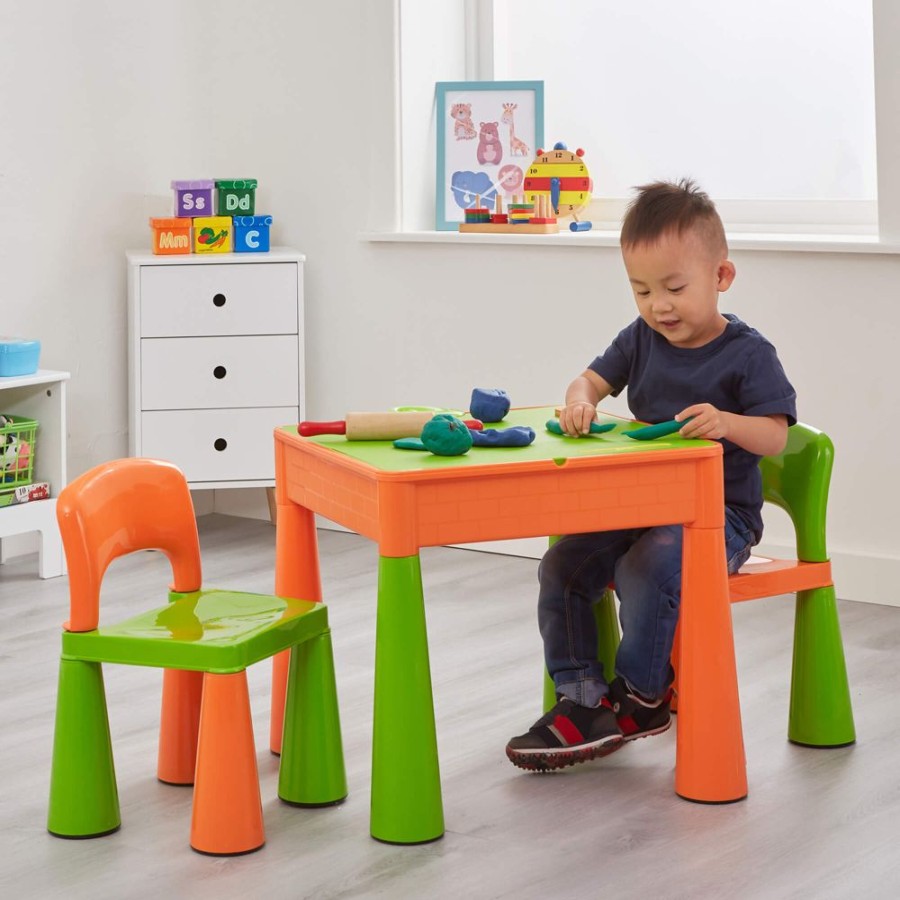 Playtime littlehelper Sand & Water Table | Kid'S Indoor | Outdoor Multipurpose Plastic Table & 2 Chairs Set | Lego Board | Sand & Water Pit | Orange & Green