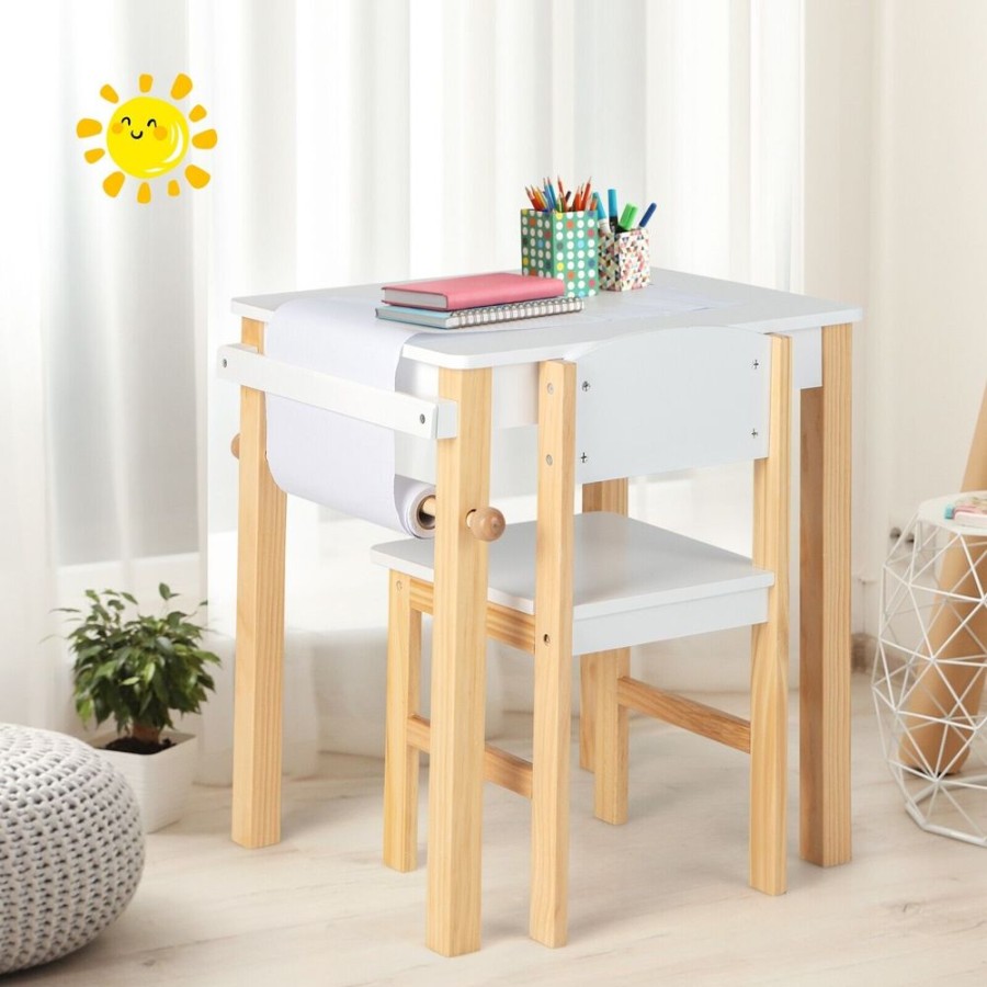 Toddler Furniture & Accessories littlehelper | Montessori Wooden Desk & Ergonomic Spine-Supporting Chair | Paper Roll | White & Natural | 3 Years+