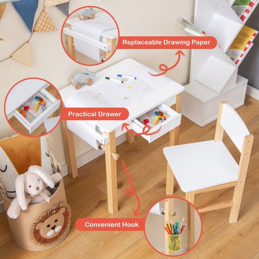 Toddler Furniture & Accessories littlehelper | Montessori Wooden Desk & Ergonomic Spine-Supporting Chair | Paper Roll | White & Natural | 3 Years+