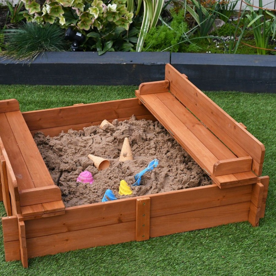 Playtime littlehelper Sand & Water Table | Childrens Non-Allergenic Pre-Treated Wooden Sandpit With Lid And Seats | Outdoor Kids Sand Pit 3-8 Years | 96 X 96Cm