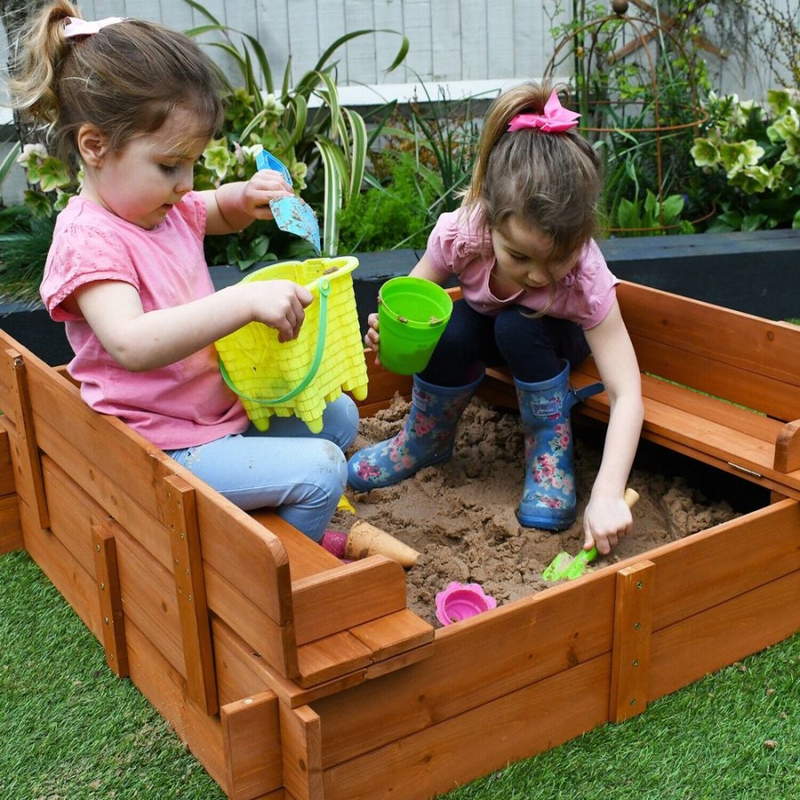 Playtime littlehelper Sand & Water Table | Childrens Non-Allergenic Pre-Treated Wooden Sandpit With Lid And Seats | Outdoor Kids Sand Pit 3-8 Years | 96 X 96Cm