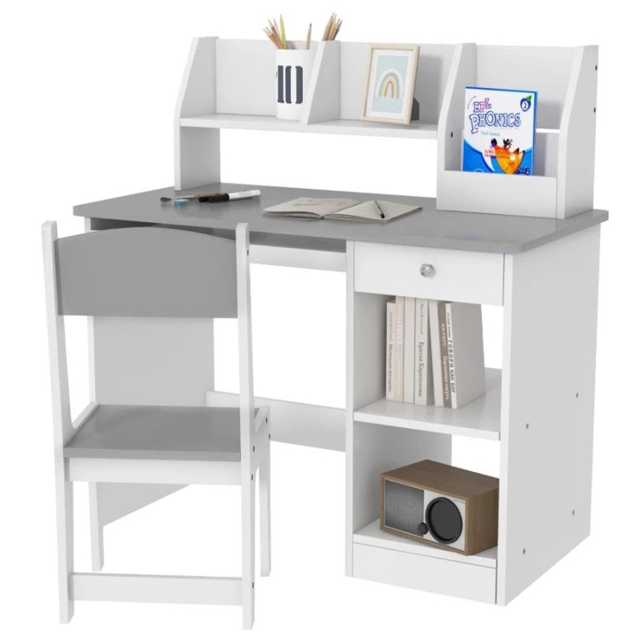 Playtime littlehelper Montessori Toys & Products | Montessori Homework Desk | Keyboard Drawer | Storage & Chair | White & Grey | 5-10 Years