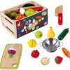 Safety littlehelper | 100% Eco Deluxe Kids Montessori Fruit Veg Play Food Set | Mini Colander | Kiddy Knife | Chopping Board & Crate