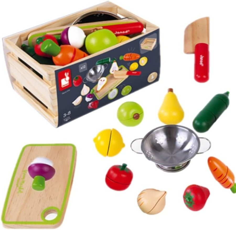 Safety littlehelper | 100% Eco Deluxe Kids Montessori Fruit Veg Play Food Set | Mini Colander | Kiddy Knife | Chopping Board & Crate