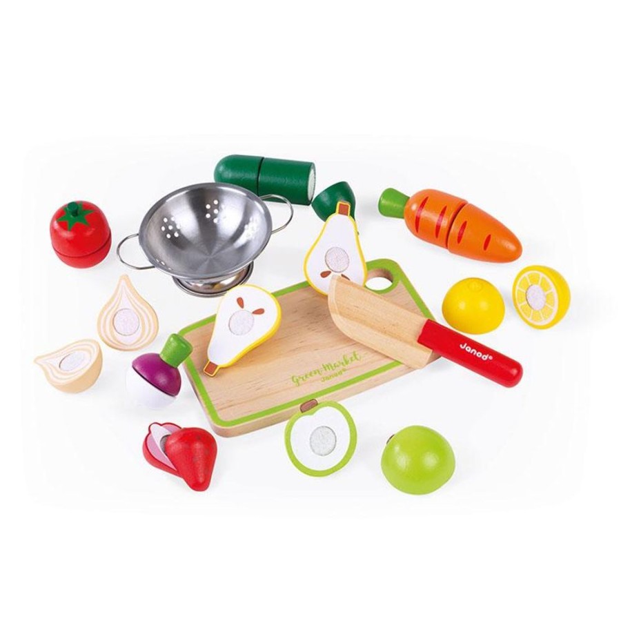 Safety littlehelper | 100% Eco Deluxe Kids Montessori Fruit Veg Play Food Set | Mini Colander | Kiddy Knife | Chopping Board & Crate