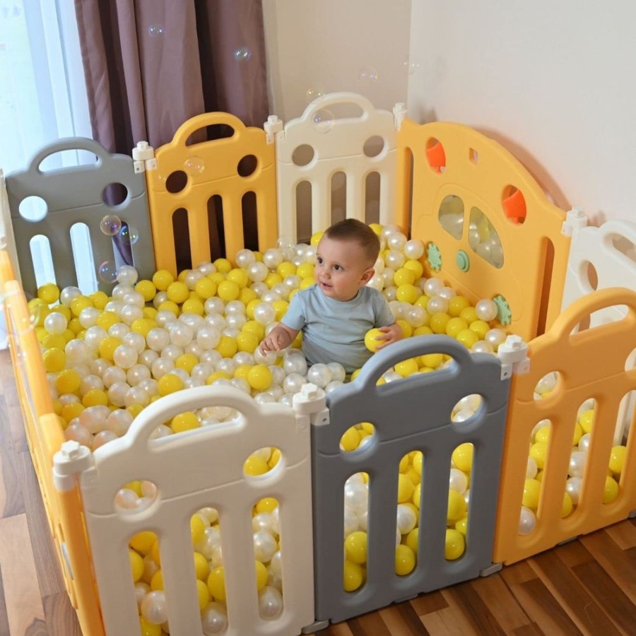 Baby & Nursery littlehelper Travel Cots & Playpens | 10 Panel Folding Modular Baby Playpen And Ball Pool | Car Themed | Sunshine Yellow