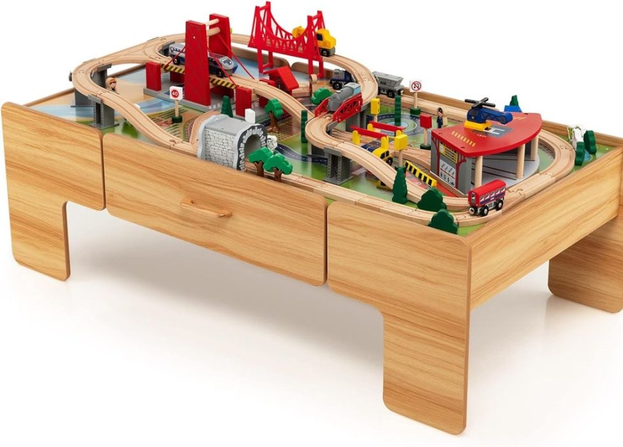 Playtime littlehelper Role Play Toys | Deluxe Montessori Wooden Train Set | 2-In-1 Wooden Train Table | 100Pc Train Set