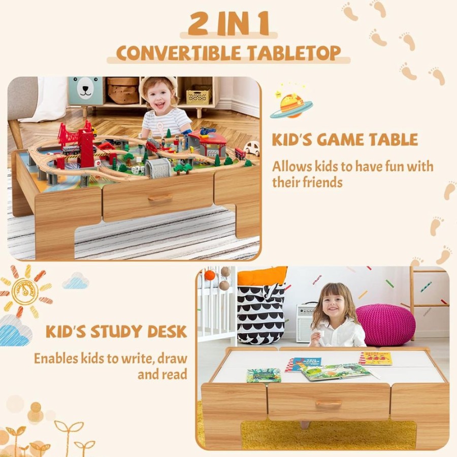 Playtime littlehelper Role Play Toys | Deluxe Montessori Wooden Train Set | 2-In-1 Wooden Train Table | 100Pc Train Set