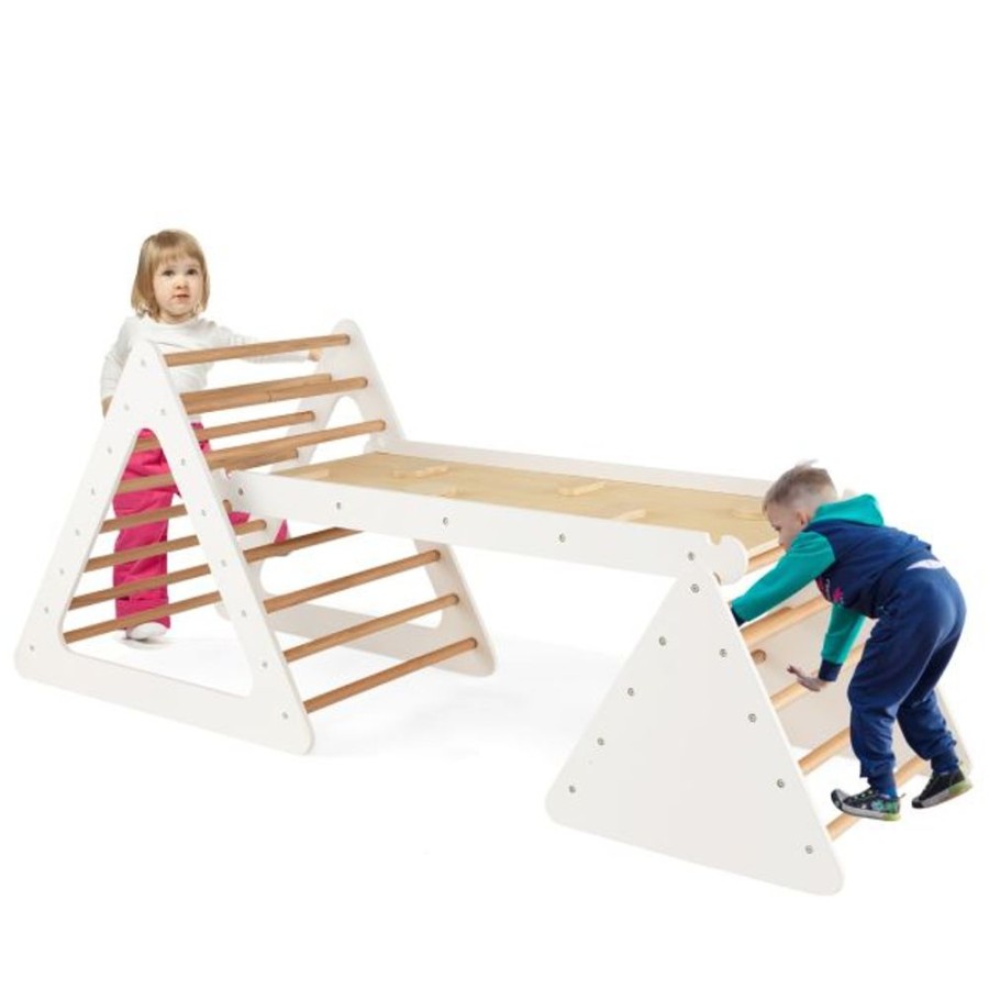 Playtime littlehelper Kids Climbing Frames | 4-In-1 Deluxe Eco Montessori Pikler Triangle, Slide & Climbing Wall | Natural & White