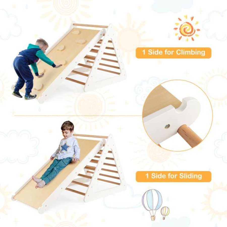 Playtime littlehelper Kids Climbing Frames | 4-In-1 Deluxe Eco Montessori Pikler Triangle, Slide & Climbing Wall | Natural & White