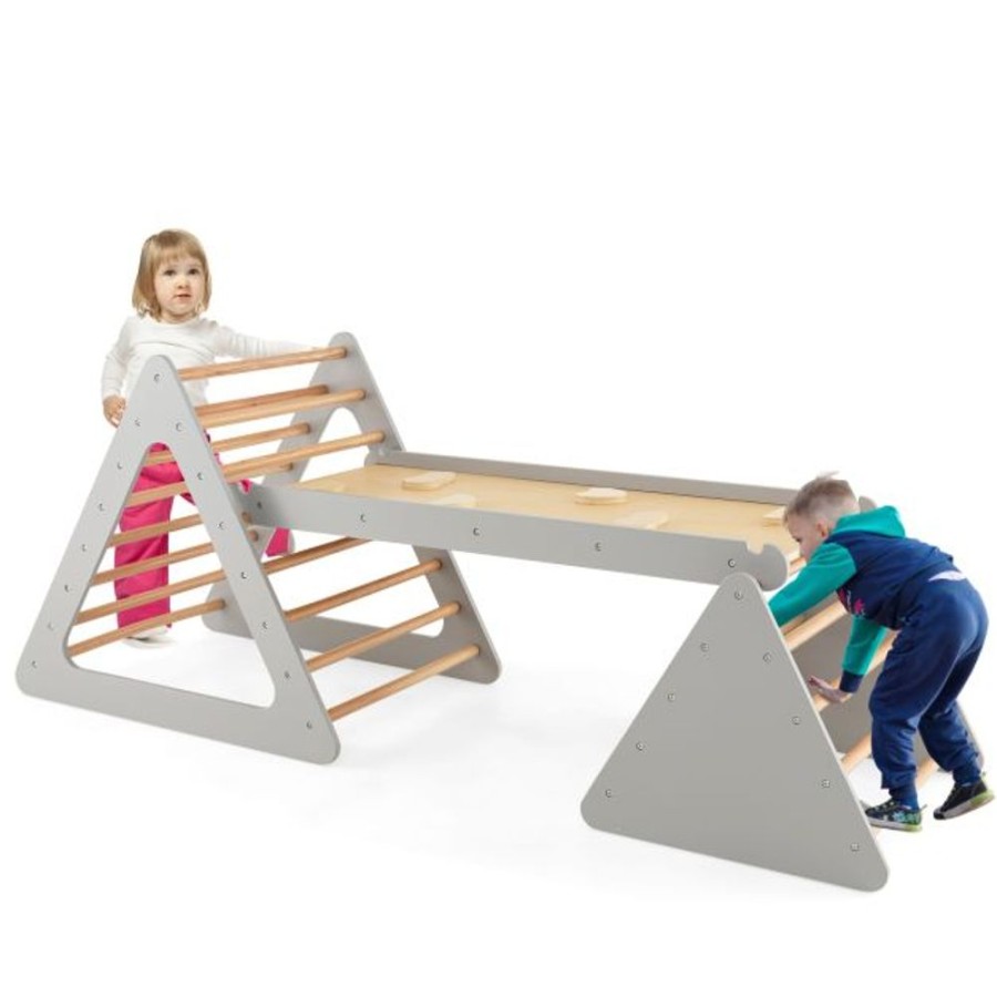 Playtime littlehelper Kids Climbing Frames | 4-In-1 Deluxe Eco Montessori Pikler Triangle, Slide & Climbing Wall | Natural & Grey