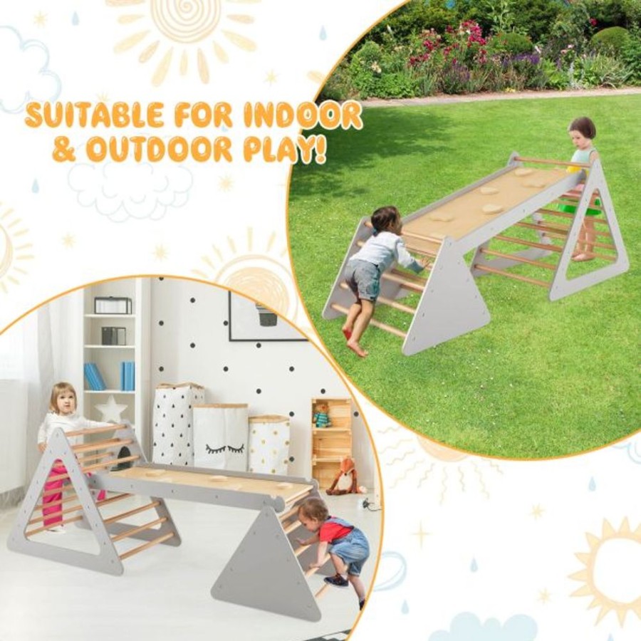 Playtime littlehelper Kids Climbing Frames | 4-In-1 Deluxe Eco Montessori Pikler Triangle, Slide & Climbing Wall | Natural & Grey