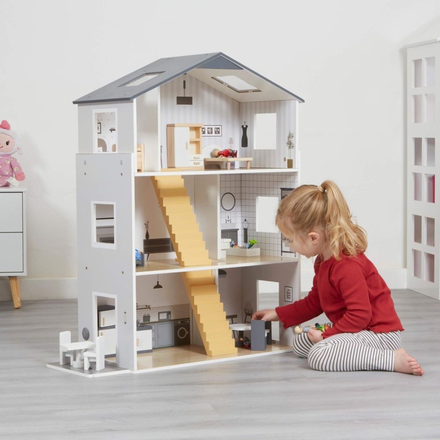 Playtime littlehelper Dollhouses | Large Montessori Detailed & Realistic Wooden Dolls House | 3 Storey Dollhouse | 18 Furniture Pieces