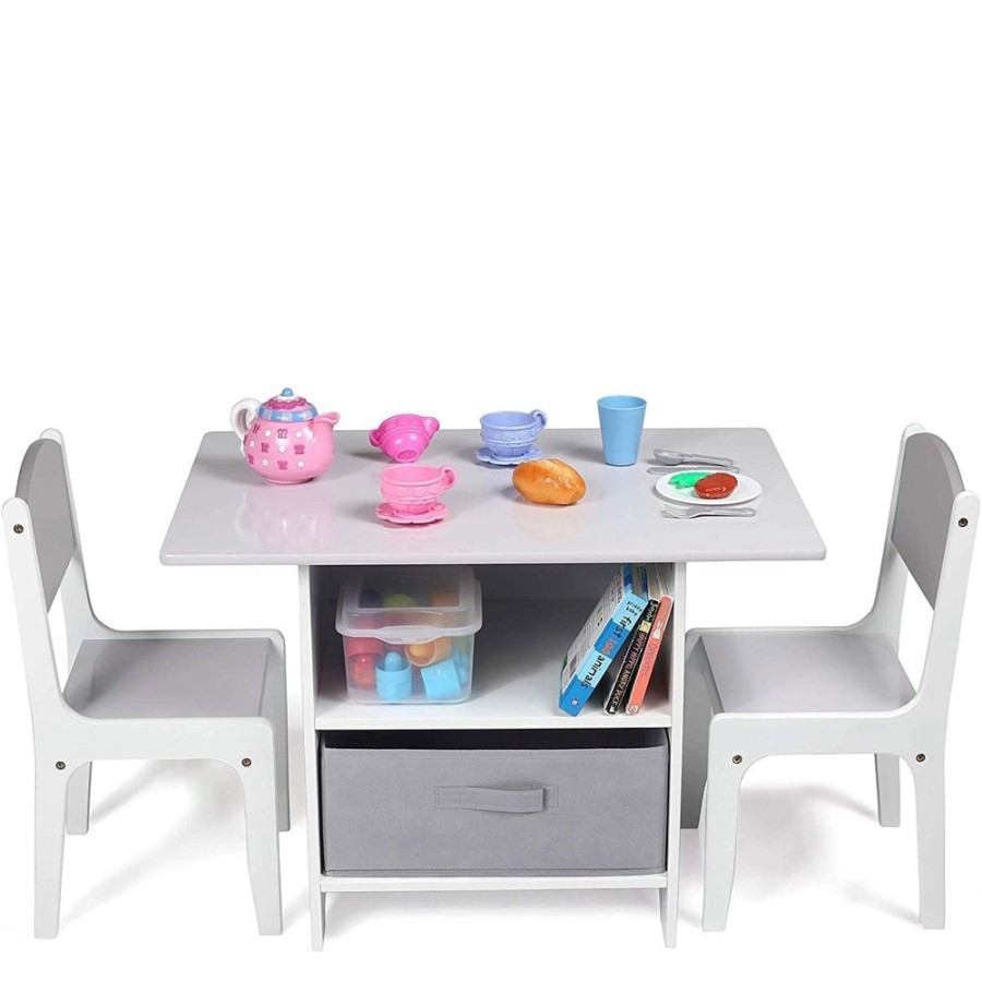 Toddler Furniture & Accessories littlehelper | Childrens Scratch-Resistant Wooden Table And 2 Chairs Set With Large Storage Drawers | White & Grey