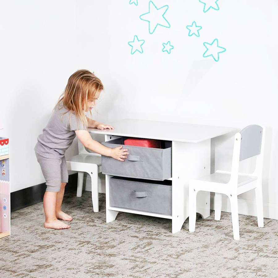 Toddler Furniture & Accessories littlehelper | Childrens Scratch-Resistant Wooden Table And 2 Chairs Set With Large Storage Drawers | White & Grey