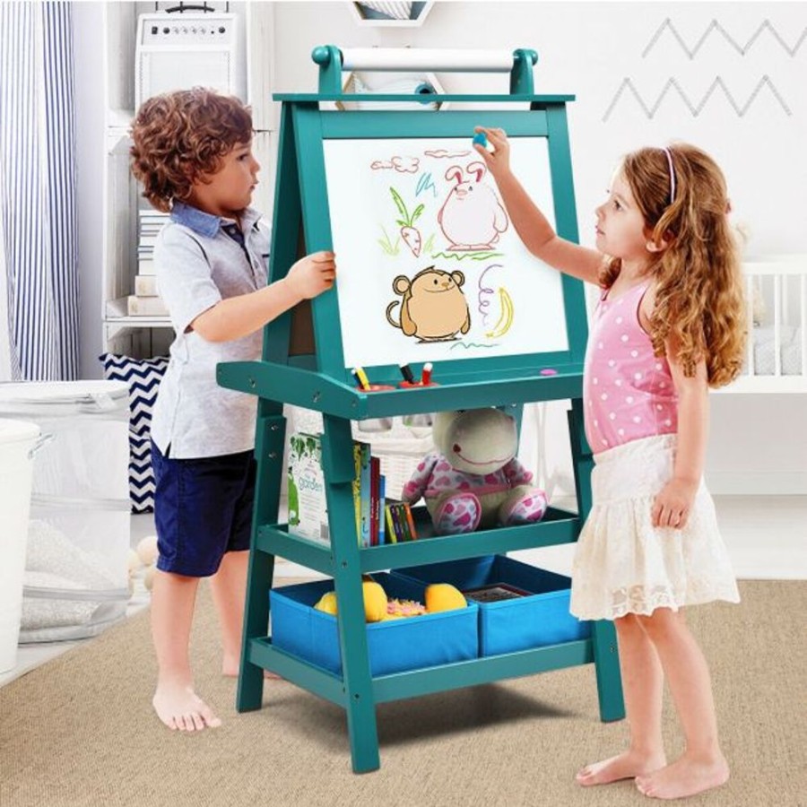 Toddler Furniture & Accessories littlehelper | Deluxe Easel | Double Sided Whiteboard & Chalkboard Painting Easel With Paper Roll | 2 Storage Boxes | Teal Blue